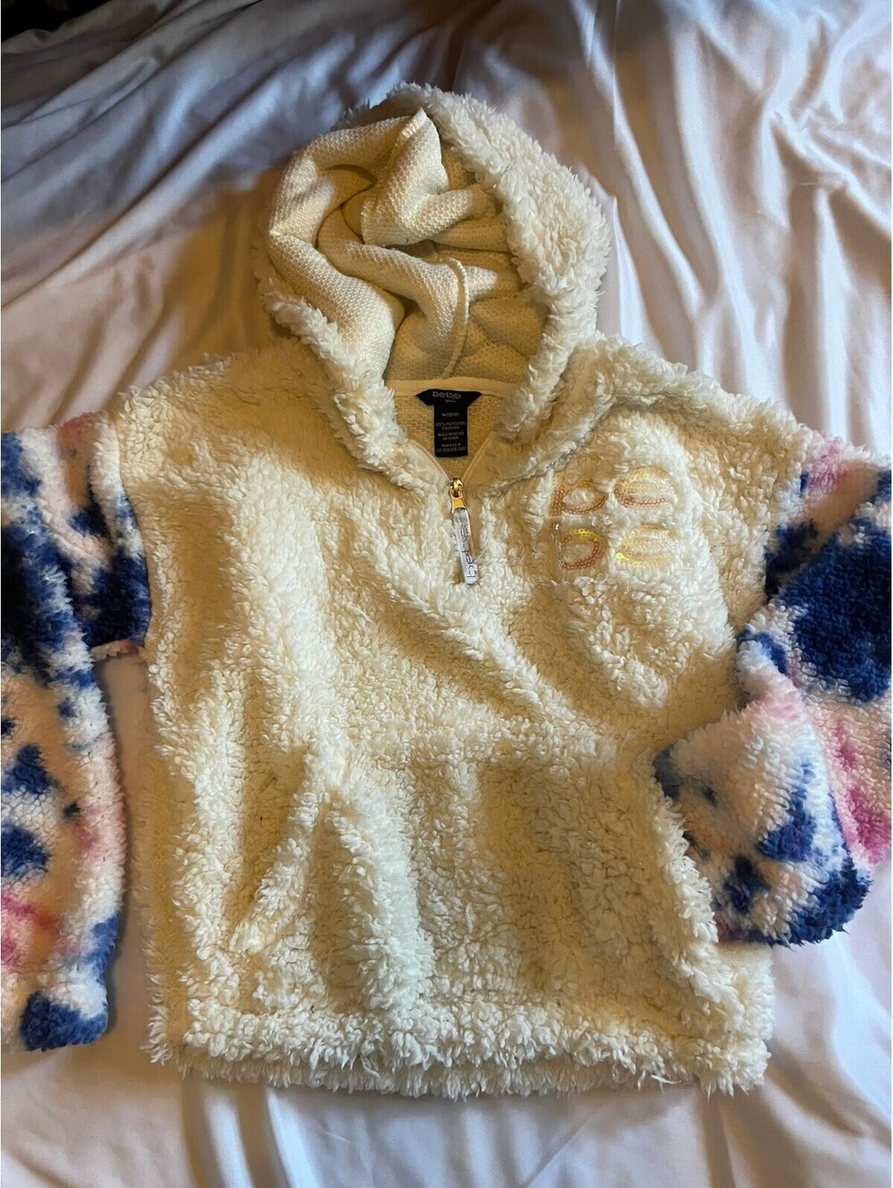 Bebe cream sherpa hoodie with multicolor sleeves girls